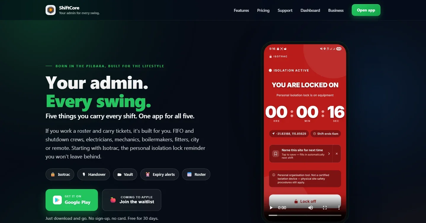 ShiftCore website on desktop