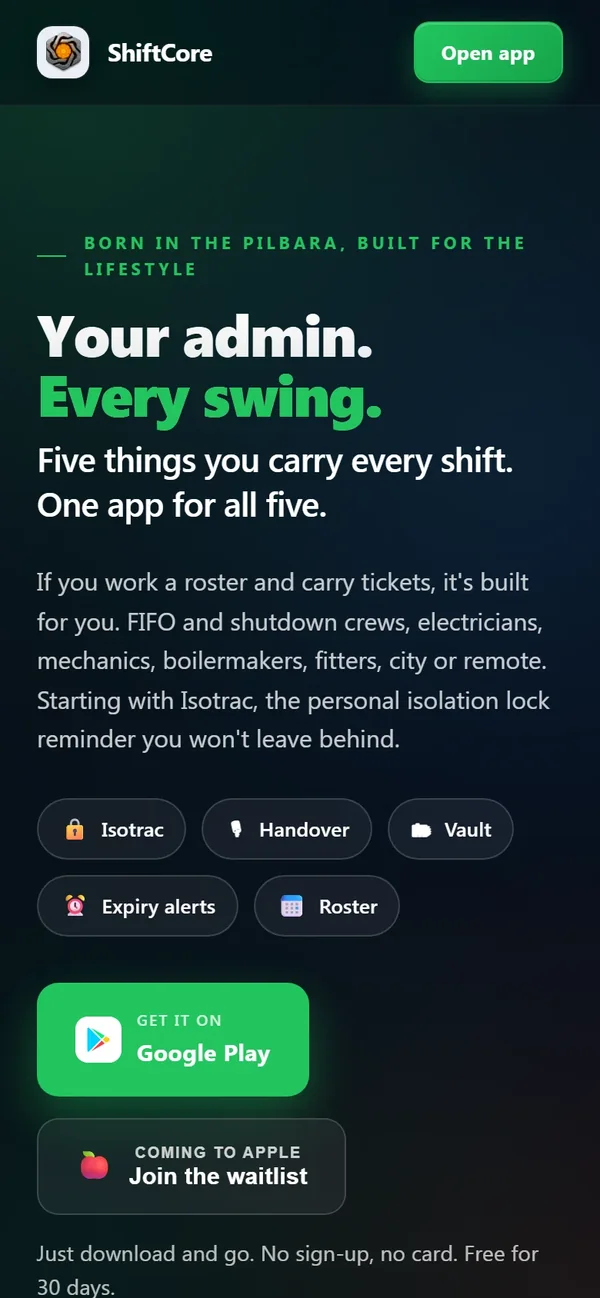 ShiftCore website on a phone